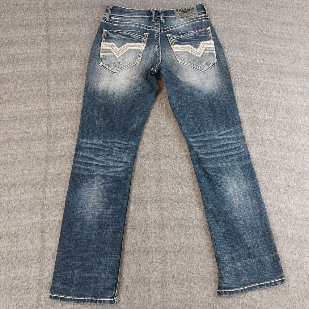 Salvage Mayhem Straight Blue Jeans Men's 29R (Fit 31x31) Blue Distressed Stretch - Picture 4 of 9